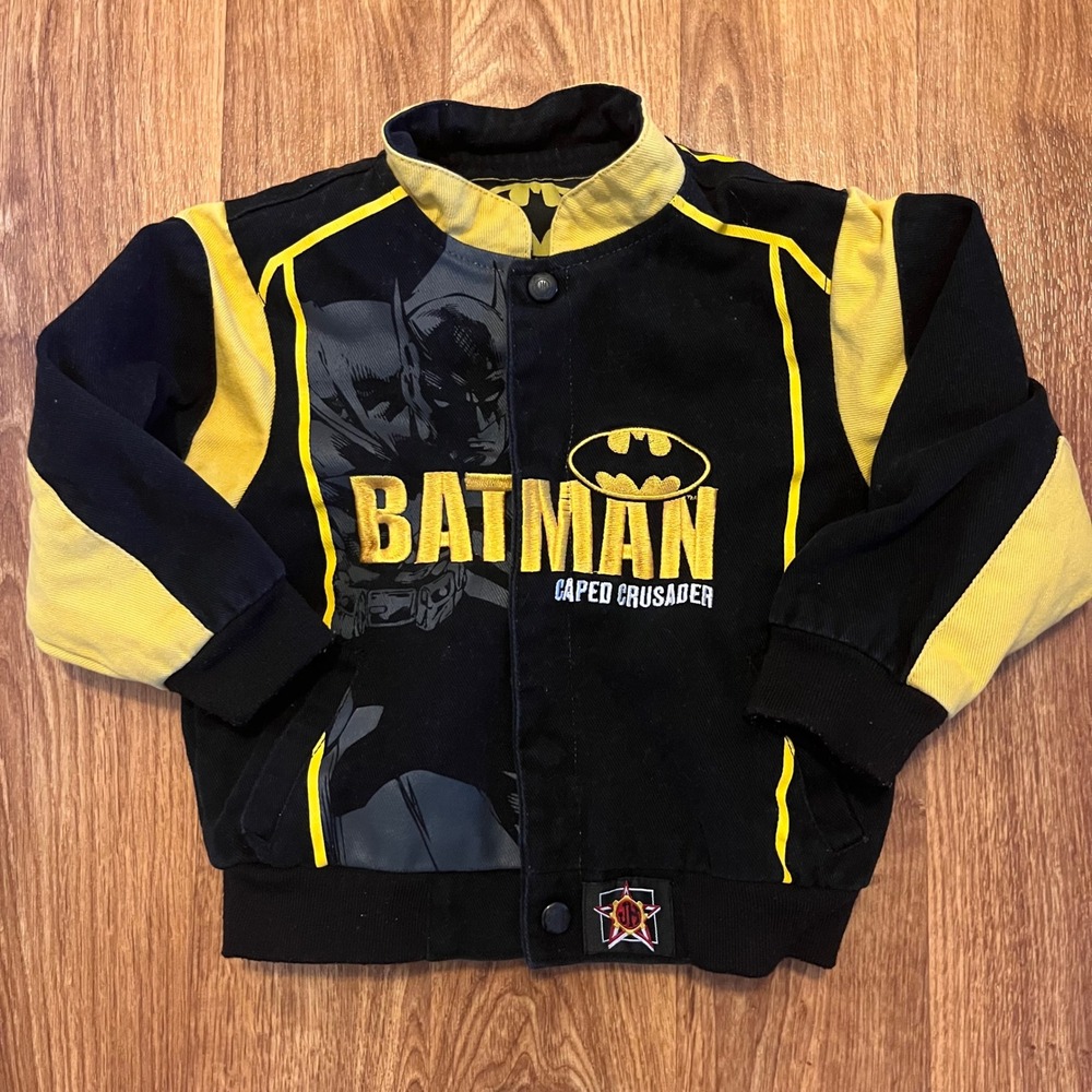 Vtg JH Design Batman Jacket Boys 3T Black‎ Caped Crusader Varsity Snap Front